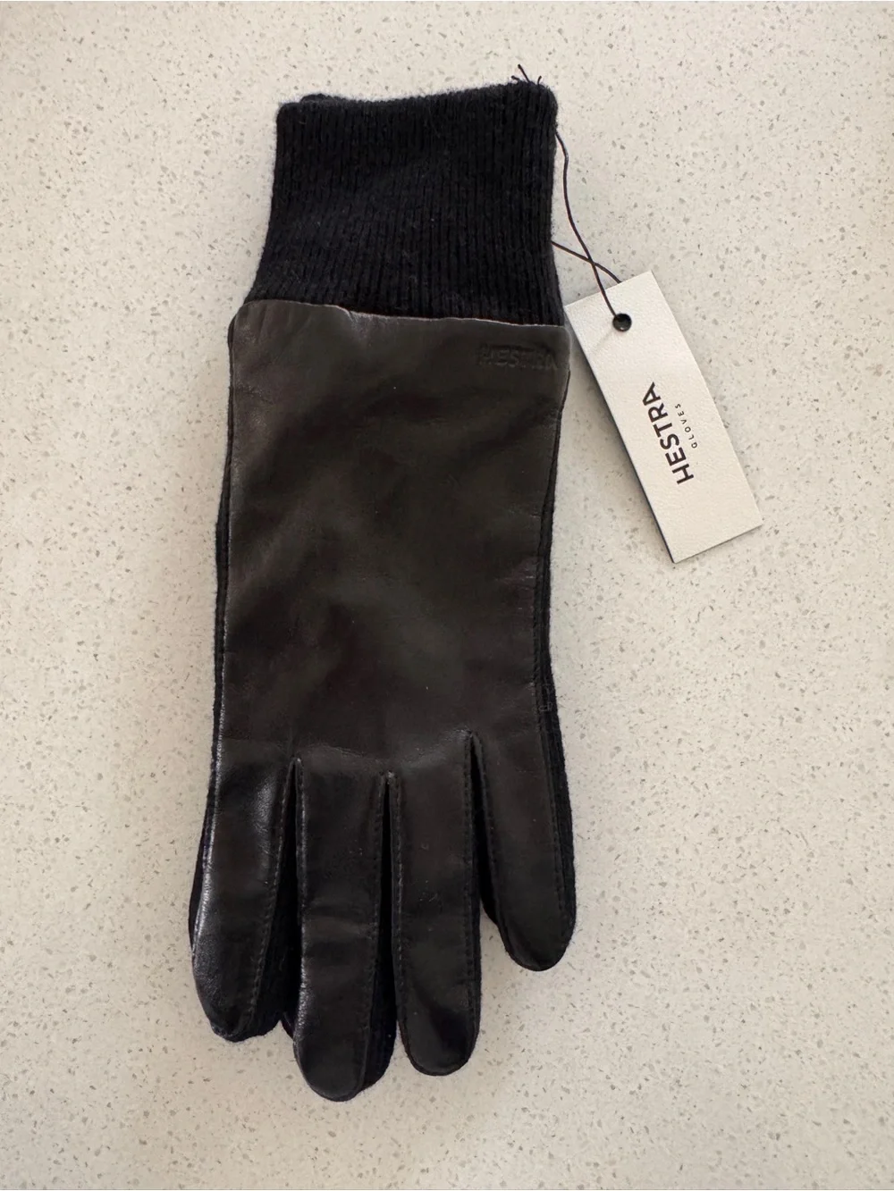 Hestra Black Leather Gloves with Knit Cuff
